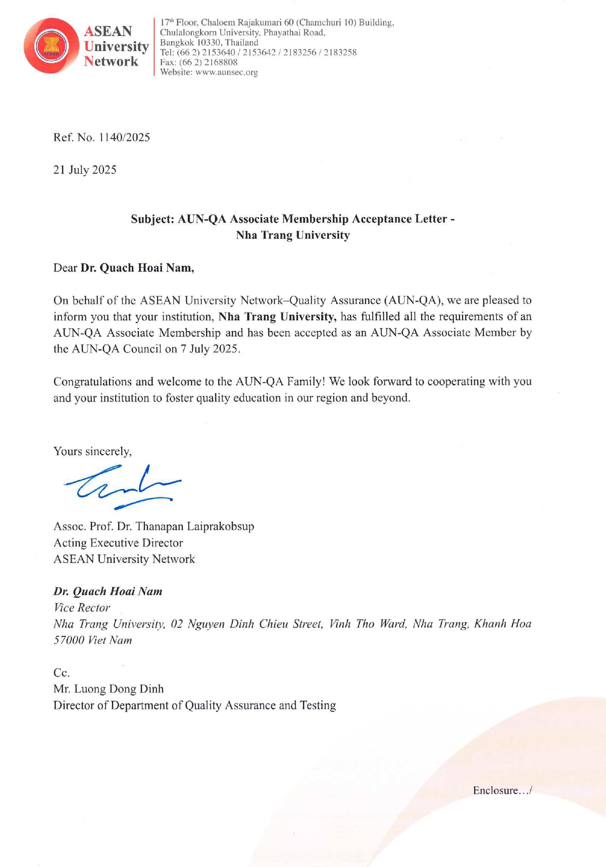 Trường Đại học Nha Trang chính thức trở thành Thành viên liên kết của AUN-QA