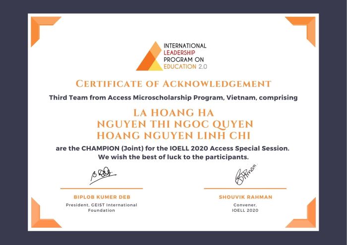 Chứng nhận đạt giải Nhất cuộc thi IOELL 2020 của nhóm Linh Chi, Ngọc Quyên và Hoàng Hà