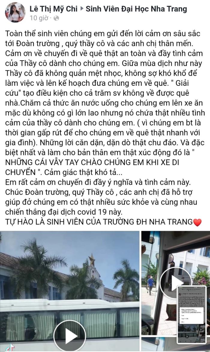 Sinh viên chia sẻ cảm xúc khi được Nhà trường hỗ trợ về quê an toàn giữa thời điểm dịch bệnh diễn biến phức tạp.